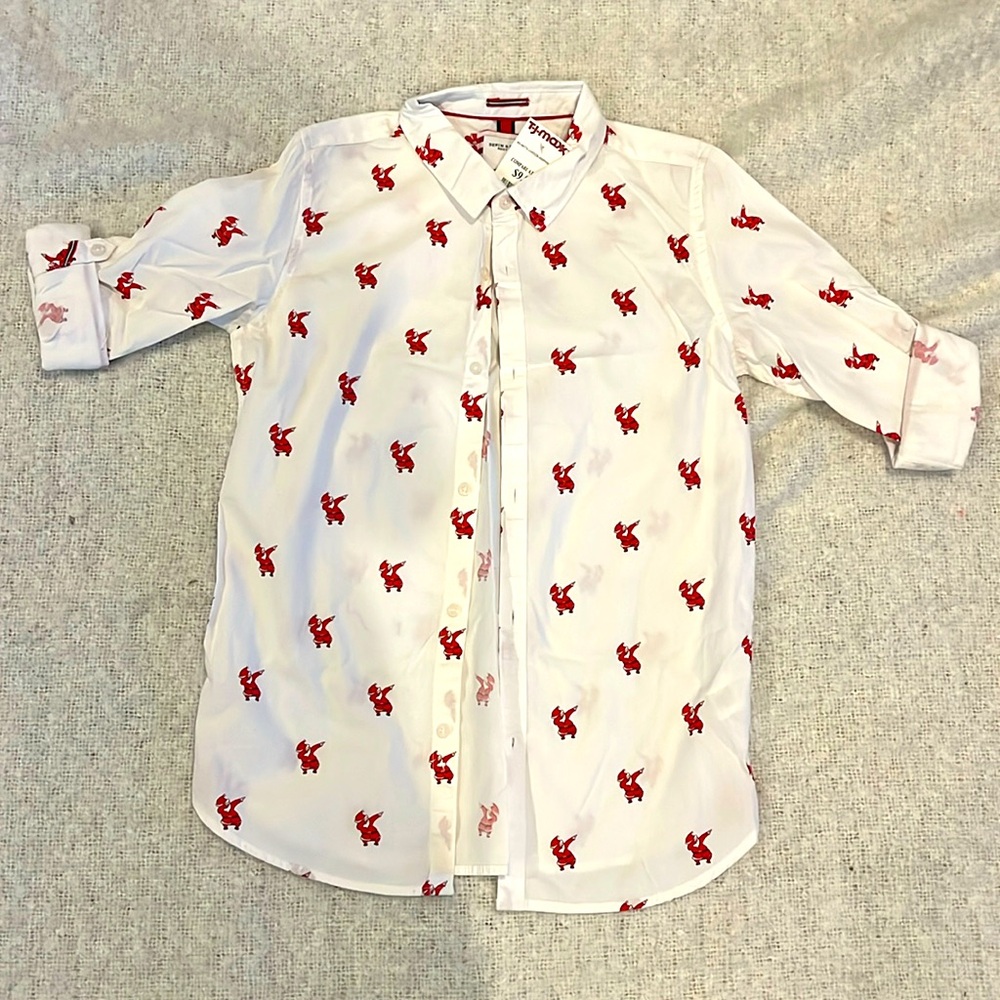 DENIM & FLOWERS boys button down Christmas shirt w/Santa Size 13/14 NEW